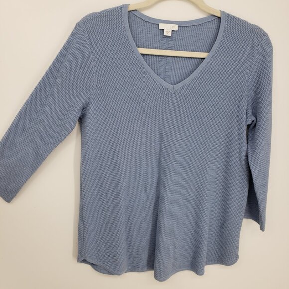 J. Jill Cotton Textured Knit Sweater S V Neck Light Blue 3/4 Sleeves - Picture 4 of 7